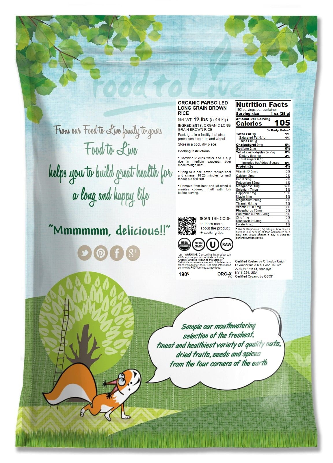 Organic Parboiled Long Grain Brown Rice, 12 Pounds — Non-GMO, Kosher, Vegan — by Food to Live