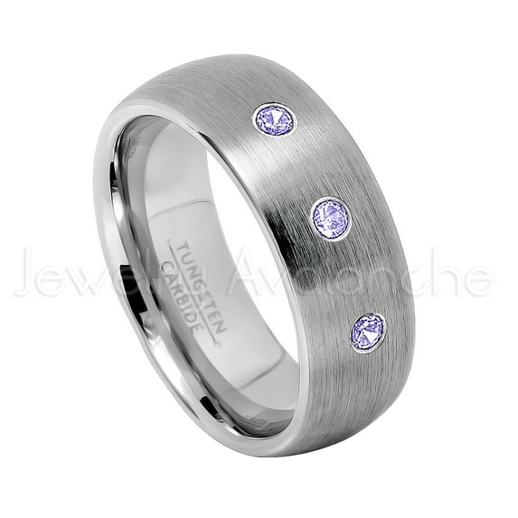 8mm Brushed Dome Tungsten Ring - 0.21ctw Tanzanite 3-stone Band - Personalized Tungsten Wedding Ring - Custom Made December Birthstone Ring TN069BS
