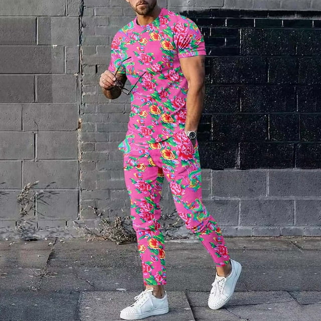 Ensemble de Complets pour Hommes à Imprimé Floral Moderne pour le Printemps et l'Automne avec Haut à Manches Longues à Col Rond et Bas Coordonnés Tenue Décontractée Élégante pour Hommes