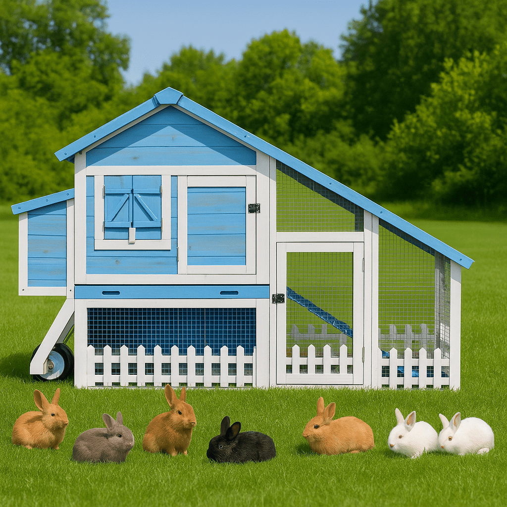 MEWANG Wooden Rabbit Hutch with Wheels, Outdoor Large Bunny Cage with Run, Blue and White Small Animal House with Weatherproof Roof and Pull-Out Tray