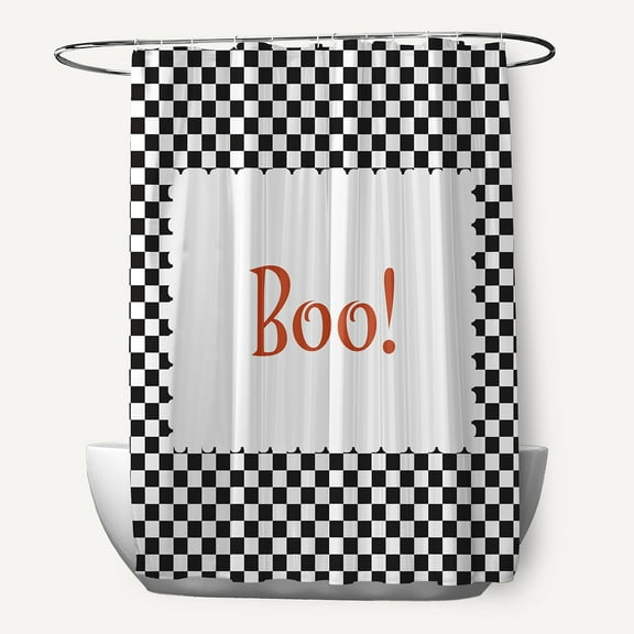 Simply Daisy 70" W x 73" L Halloween Boo Checks Polyester Shower Curtain, Black [1 Ct]