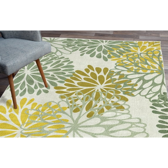 Flower Area Rug, Modern Dahlia Inspired Petals Blossom Abstract Garden Artwork Design Print, Soft Carpet for Living Room Decor with Distressed Look, 2.6' x 5', Peacock Green Yellow, by Ambesonne