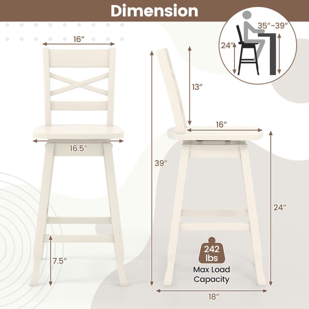 Demi Bonn Set of 2 Swivel Counter 24" Height Bar Stool withclined Backrest, Modern Kitchen Dining Chair, White