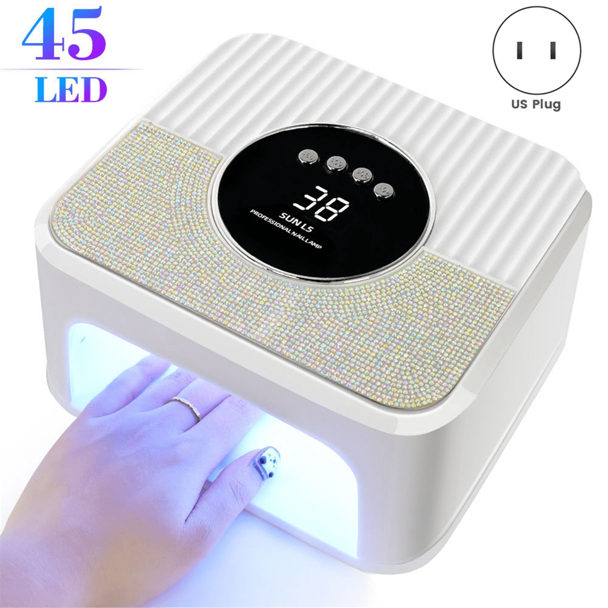 UV Nail Lamp Gel Nails,45LED Nail Lamp with 4Timer Mode,Gel Nail Lamp Decorated with Sparkling Nail Rhinestone White(US)