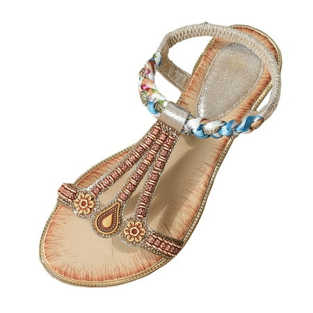 

ZHAGHMIN Sandals for Women Bohemian Round Toe Wedge Beach Sandals Colorful Ethnic Style Beaded Sandalias Mujer Non-Slip Leisure Slippers Khaki Size8.5