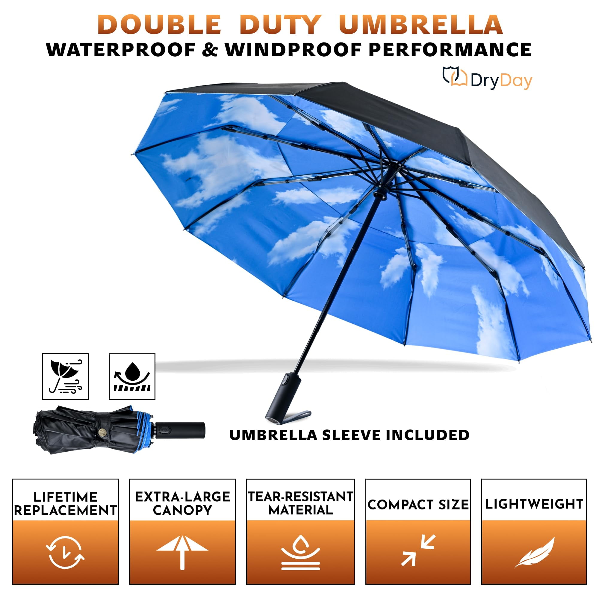DryDay 43" Travel Umbrellas for Rain - Large Windproof Double Canopy Umbrella, 10 Durable Ribs, Strong Frame, Auto Open Close Ergonomic Handle, Compact Waterproof Umbrella for Women & Men, Blue Sky