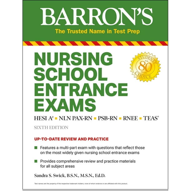 Barron S Test Prep Nursing School Entrance Exams Hesi A2 Nln Pax Rn Psb Rn Rnee Teas Edition 6 Paperback Walmart Com