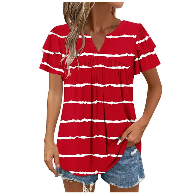 XMMSWDLA T-Shirt à Manches Courtes Col Rond pour Femmes Tunique avant Hauts Décontractés Amples Rouges Chemises et T-Shirts de Sport pour Femmes