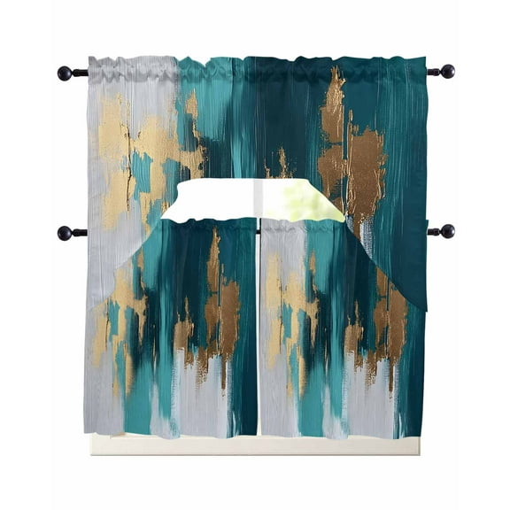 Abstract Teal Green Kitchen Curtains Swag Valance and Tier Curtains Set 24 Inch Length, White Gold Textured Art Rod Pocket Drape Panels Pair Swag Curtain for Bathroom/Cafe/Window