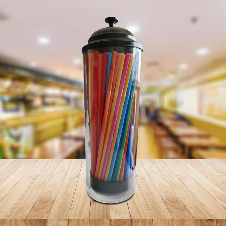 Plastic Straw Dispenser and 100 Pcs Drinking Straw Organizer Container with  Stainless Steel Lid Transparent Drinking Straw Holder Striped Plastic
