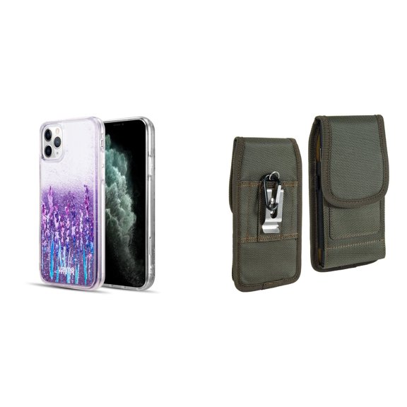 Liquid Glitter Case for iPhone 14 Pro Max and Belt Holster Pouch (Lavender Purple/Green)