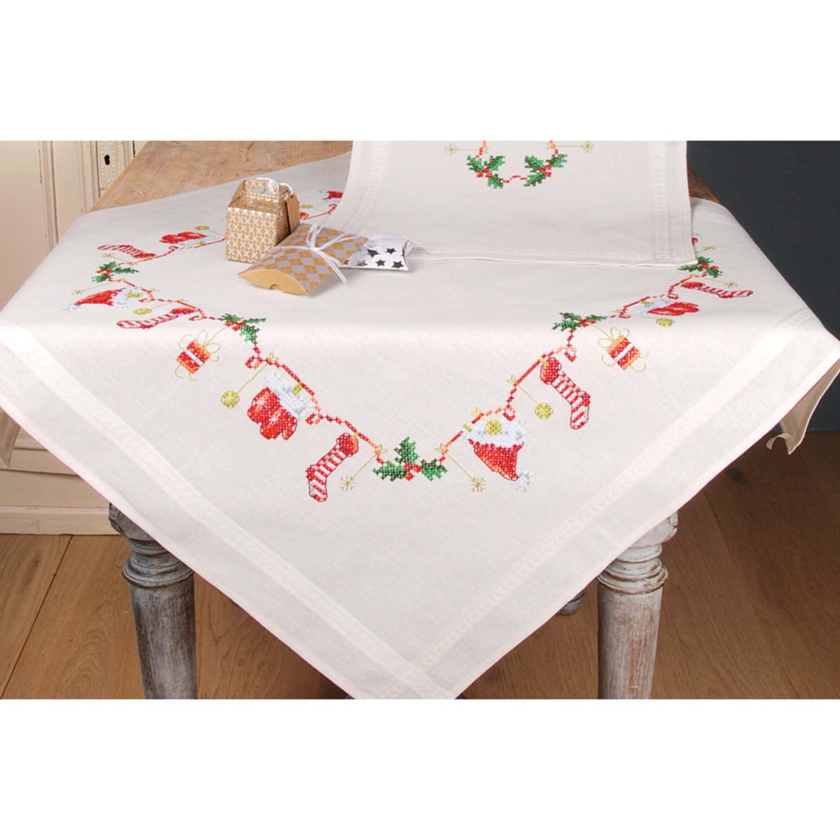 Cross Stitched Poinsettias on Black and White Gingham Table Topper