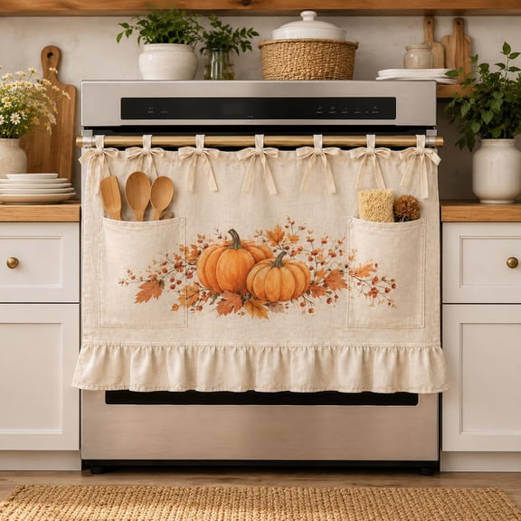 Oven Skirt Curtain with Pockets Cottage Kitchen Storage Organizer for Oven Door Handle Ruffled Tie On Fabric Cover Decorative Appliance Stove Skirt