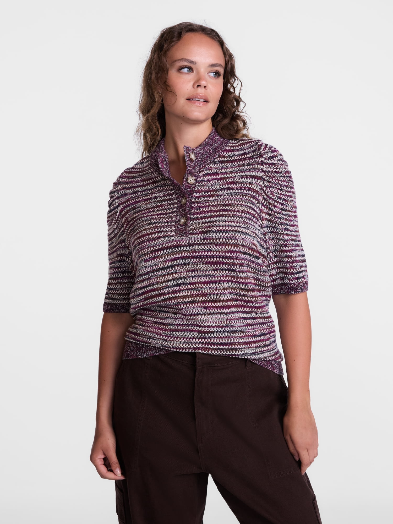 Scenario Women's and Women's Plus Henley Sweater with Puff Sleeves, Lightweight, Sizes XS-4X