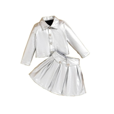 

Kids Girls Autumn Silver Long Sleeve Coat Tops And Skirt 2PCS Outfits Set Children s Clothing Girls Clothes Checkerboard Outfit Set New Born Baby Clothes for Girl New Clothes for Babies Big Baby