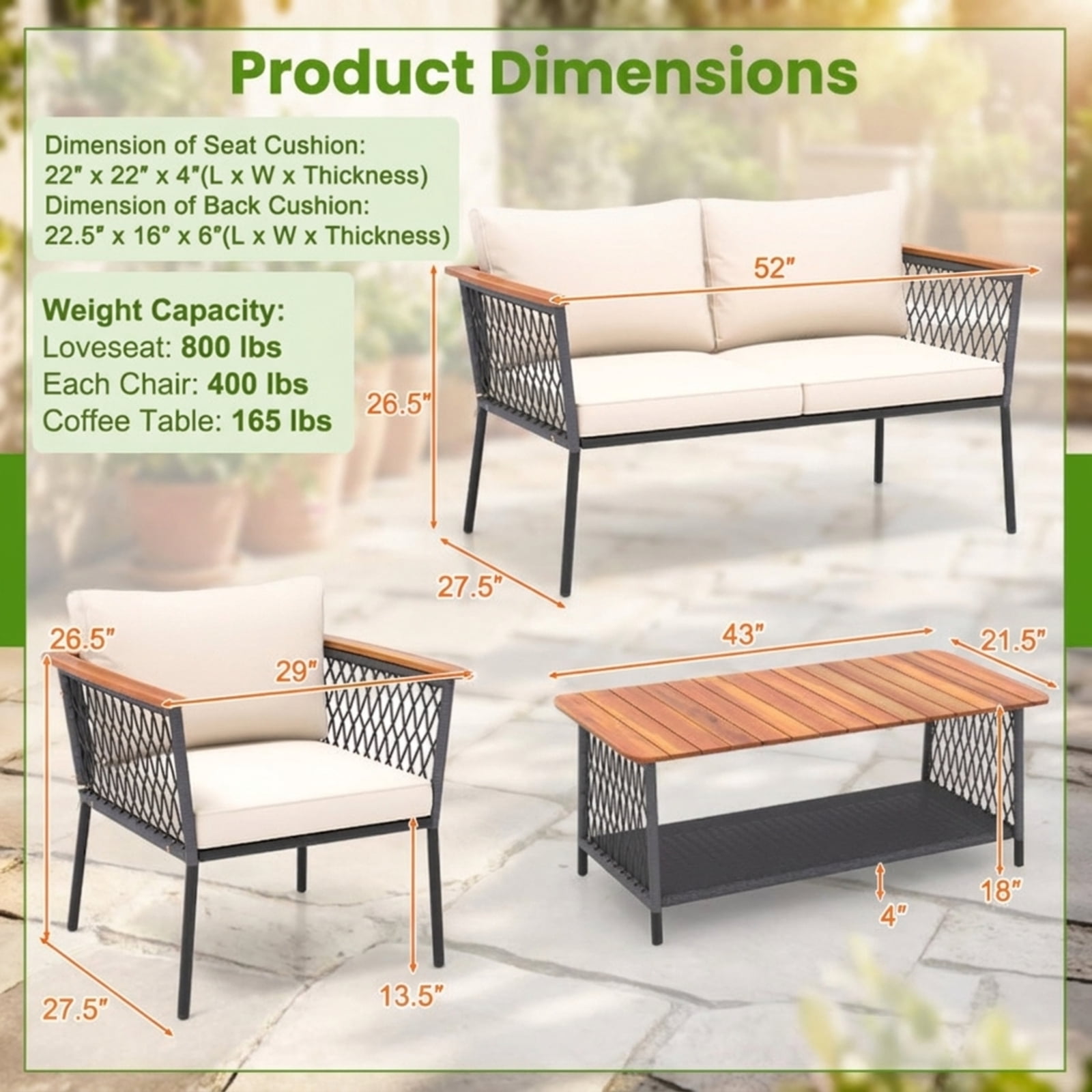 Furnibear 4 Piece Patio Furniture Set Outdoor Wicker Conversation Set with Cushioned Sofas and 2 Tier Coffee Table for Backyard Garden, Gray