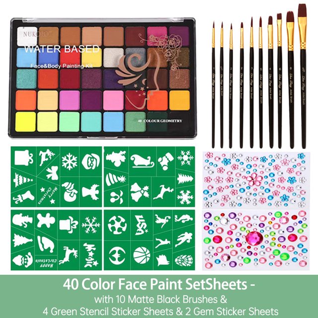 40 Watercolor FacePaint Set Bright Notoxic Color Painting Kit with 10 Paintrushes 4 Stencil Stickers and 2 Gem Sticker Sheets