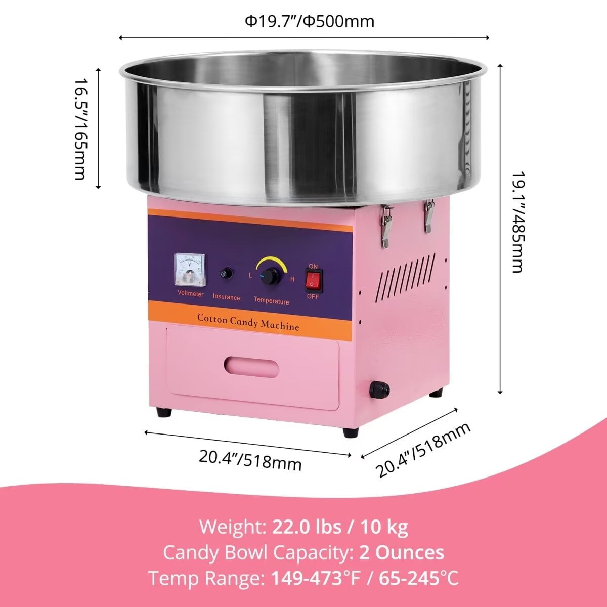 Commercial Cotton Candy Machine, 1000W Electric Cotton Candy Maker with Stainless Steel Bowl for Home Party Carnival, Pink