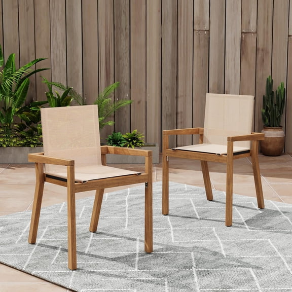 Outdoor Dining Chairs, Patio Chairs Set of 2, Acacia Wood Teak Finish Frame and Beige Textile Mesh Seat, Armchair Set for Poolside, Deck, or Garden Dining in Teak Beige