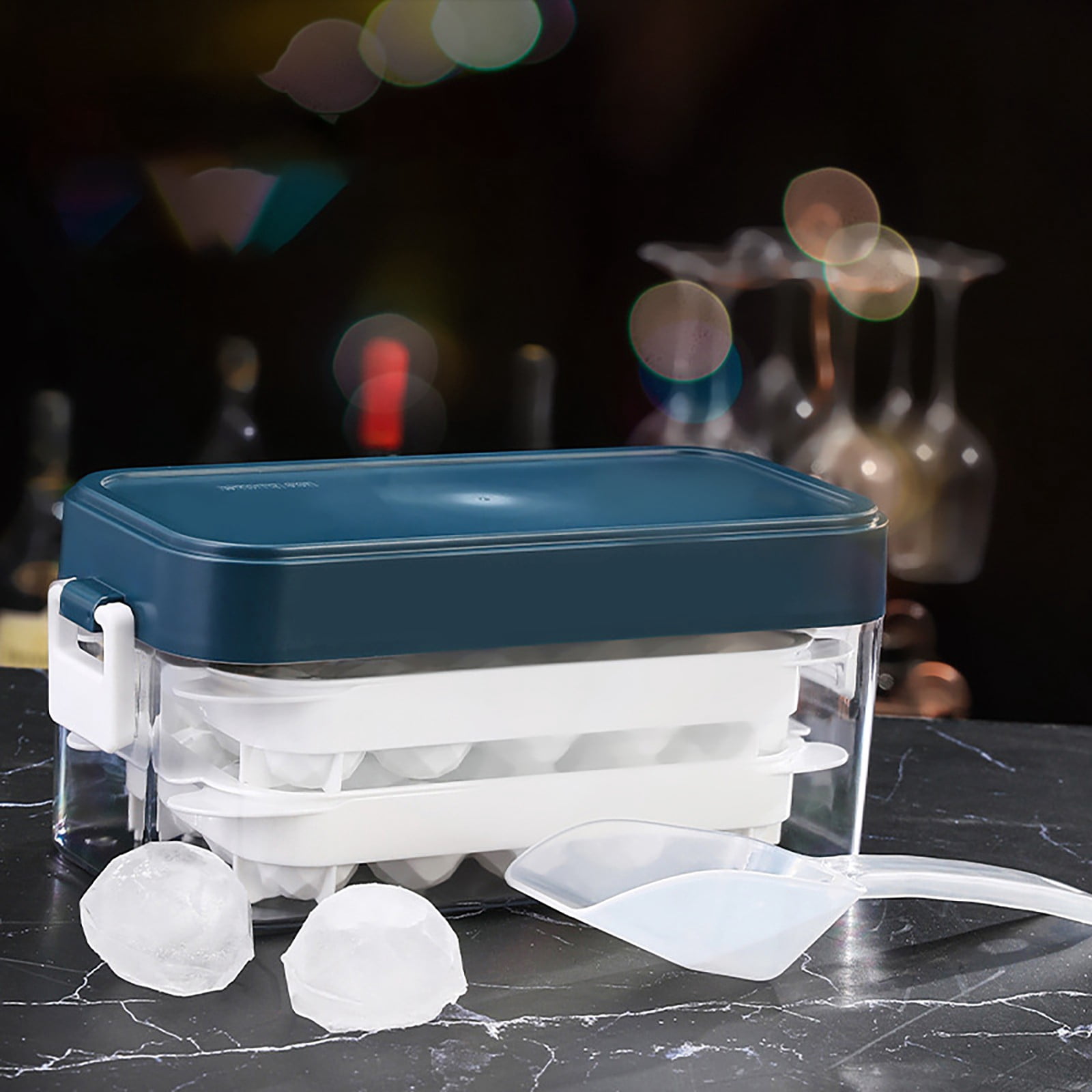 Press Type Ice Cube Touch Tool,28Pieces Single Layer Silicone Ice Tray with Lid and Storage Box Easy Release Container Scoop Square Ice Tray