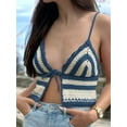 thumbnail image 4 of Women'S Boho Crochet Tops Tie Front Spaghetti Strap Y2k Fitted Knitted Summer Beach Crop Tops Blue S, 4 of 5