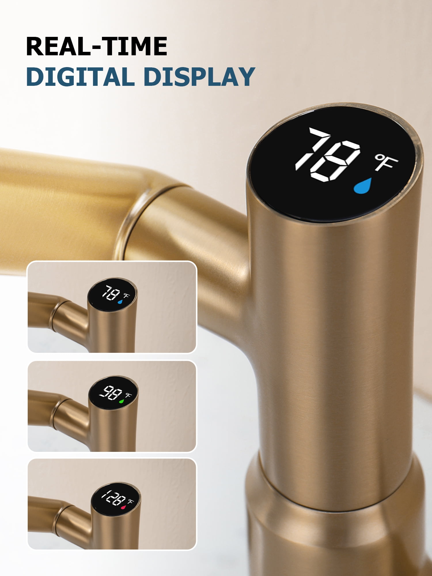 Lefton Rotatable Bathroom Faucet with Temperature Display in Fahrenheit (Batteries-Free), 3 Water Outlet Modes, Brushed Brass, BF2204-7