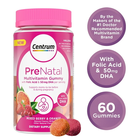 Centrum Prenatal Multivitamin Gummies for Women With Dha and Folic Acid, Mixed Berry and Orange Flavors - 60 Count, 30 Day Supply