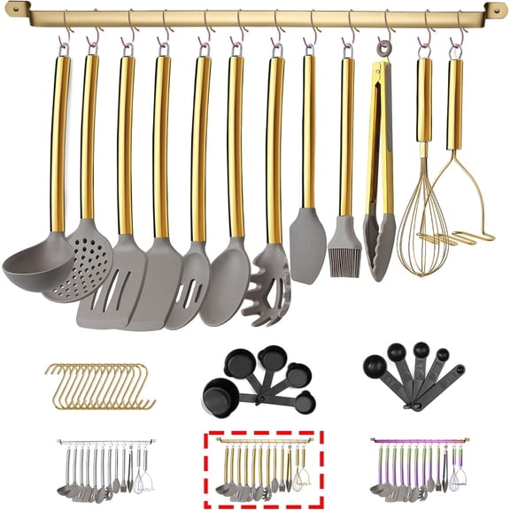 HH 38 Piece Silicone kitchen Cooking Utensils Set with Utensil Rack,Silicone Head and Stainless Steel Handle Cookware,Kitchen Tools for Utensil Sets, Non-Stick kitchen Gadgets,Dishwasher Safe (Gold)