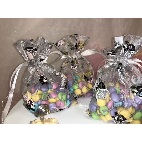 Charmed Wedding Organza Favor bags.; 5"x7"; Wedding Printing Designs Silver with Pink; 60 counts