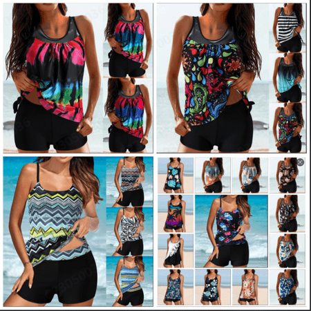 AGWOLF Women s Tankini Swimsuit Tummy Control 2 Piece Modest Bathing Suit Summer Floral Boho Print Swimwear High Waisted Bathing Suits with Boyshorts Black XXL