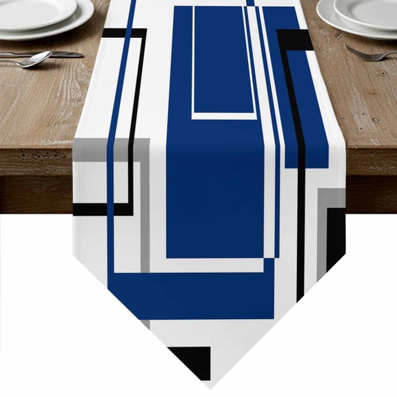 Table Runners 108 Inches Long, Blue Black Geometric Cotton Linen Kitchen Dining Coffee Table Runner for Party Home Decor, Modern Minimalist Abstract Stripes Tabletop Dresser Scarves 13x108 Inch