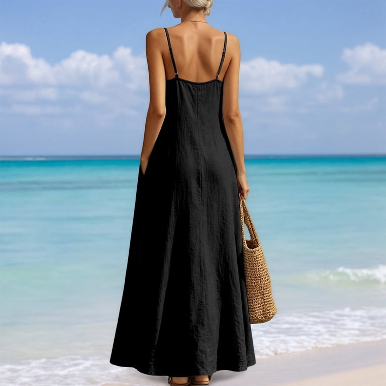 crew neck boho dress ANINEO Dresses For Women Beach Casual Loose Flowy Long Bohemian Solid Color Sleeveless Vacation AUGUST26MD_W boohoo Women's One Shoulder Color:Merlot Satin Size SmallBust