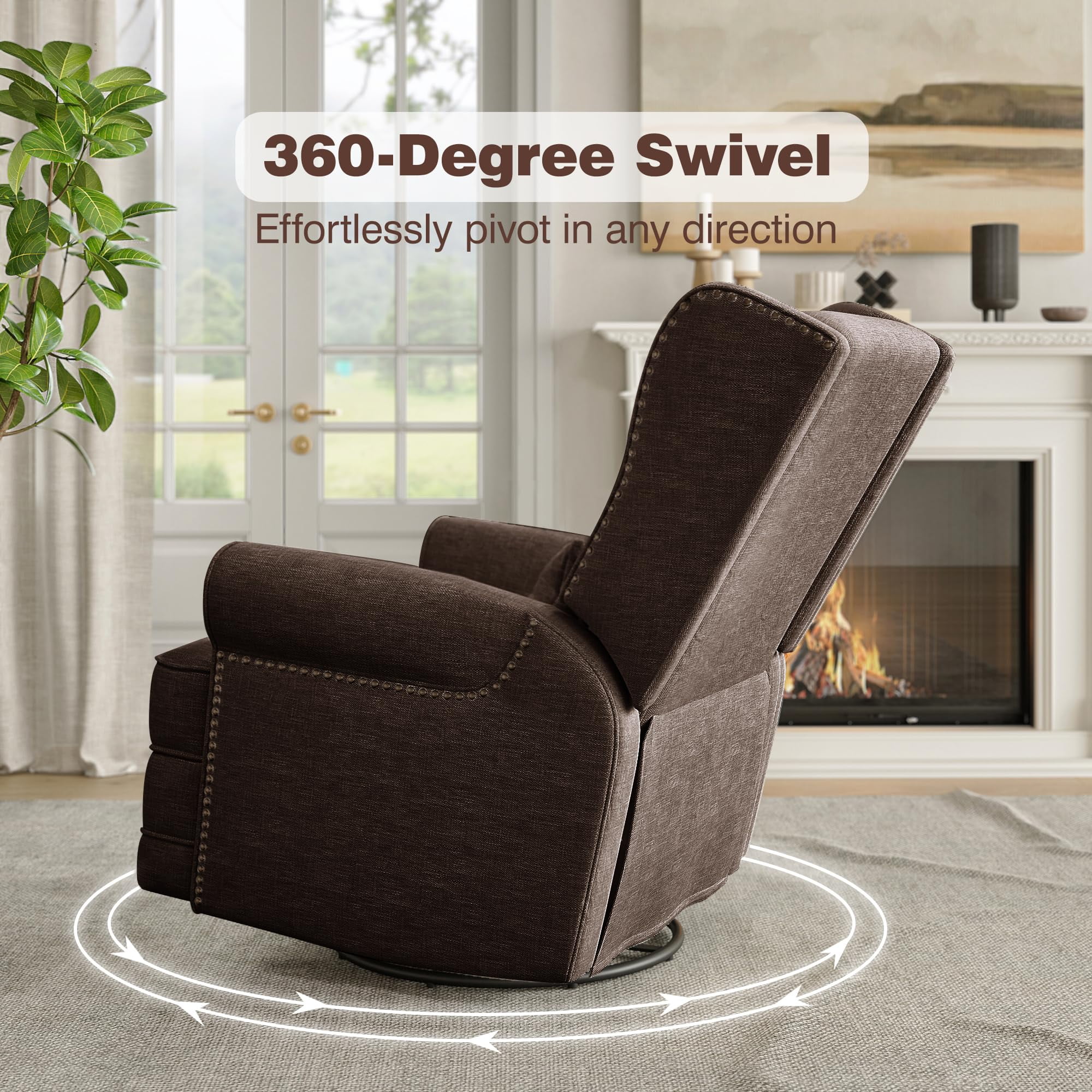 RoyalCraft Swivel Recliner Glider Rocking Chair with Lumbar Pillow and Footrest, for Bedroom, Living Room, Brown