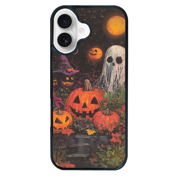 Halloween Pumpkin Ghost for iPhone 16 Pro Case, Cute Aesthetic Christmas Puzzle Shock-Absorbent Protective,Black