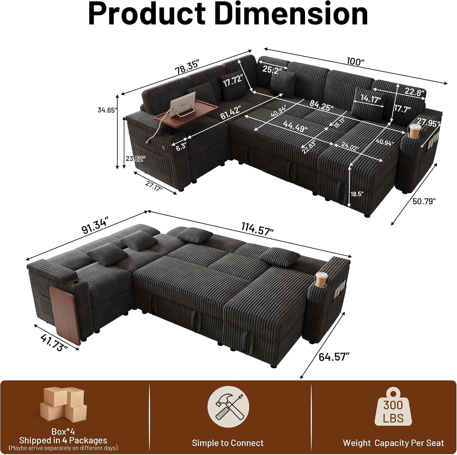 ShiKeyi 100'' Pull-out Sofa With USB ports, Table Board and Cup Holder, Comfortable Soft Cushioned Corduroy Fabric Sofa Bed, Extra-large U-shaped Combination Storage sofa bed, Dark Gray