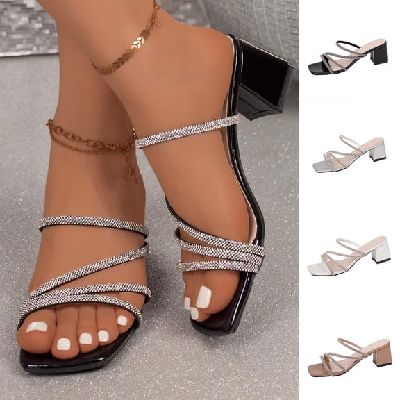 Miluxas Women's Square Toe Block Heel Sandals Rhinestone Strappy Mid Heel Slide Sandals Sparkly Wedding Party Dress Open Toe Mules Shoes White 9.5(43)