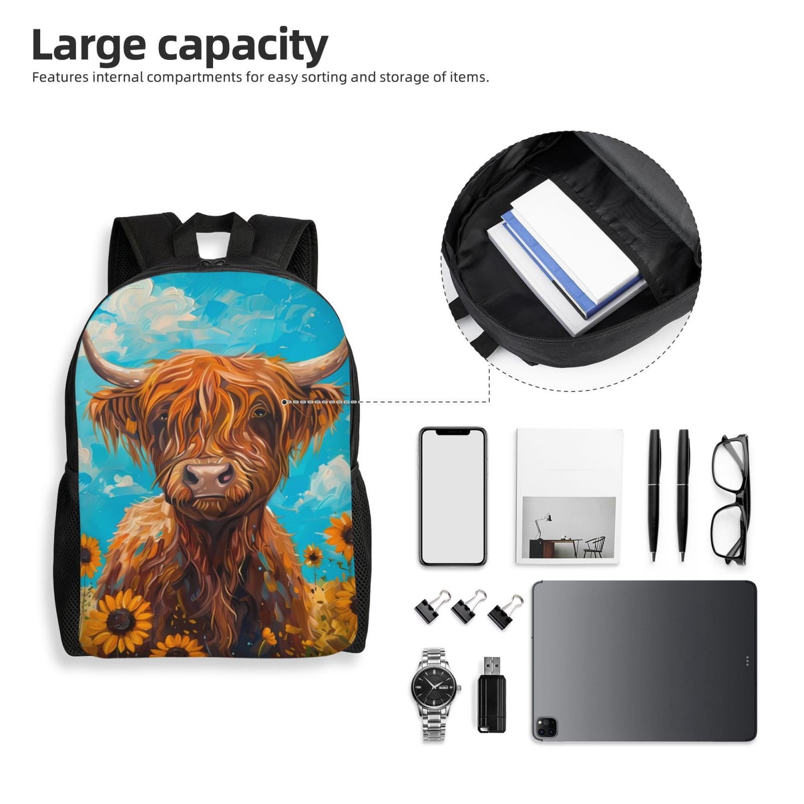 Xecao Cute Cow Sunflowers Art Print School Backpack with Laptop Compartment Small Travel Laptop Backpack for Women Men Waterproof College Backpack Simple School Bag