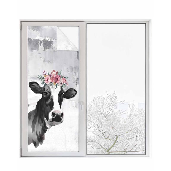 Window Privacy Film Farmhouse Cow Stained Glass Window Film Decorative Sun Block Window Cover Watercolor Animal Botanical Flowers Window Clings Static Adhesive Sticker for Bathroom 29.5"x78.7"