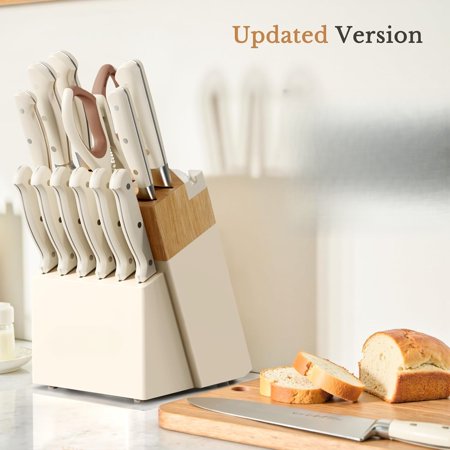 14-Piece Kitchen Knife Set with Block, Full Tang Stainless Steel Blades, Built-In Sharpener, Dishwasher Safe, Anti-Slip Ergonomic Handles, Elegant Cream White Cutlery Set for Home Cooking