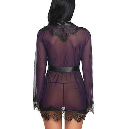 MQLKF Women Sexy Lace Patchwork Long Sleeve Nightgown Bath Robe Lingerie With Belt Sexy Elegant Fashionable Women Sleep Dress