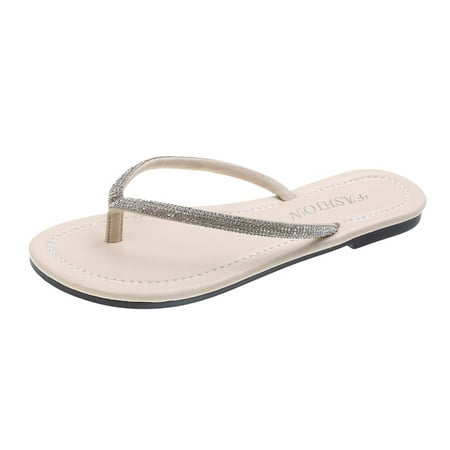 

Slippers for Women Fashion Summer Women Slippers Rhinestone Strap Flat Flip Flops Casual Comfortable Womens Slippers Pu Beige 40