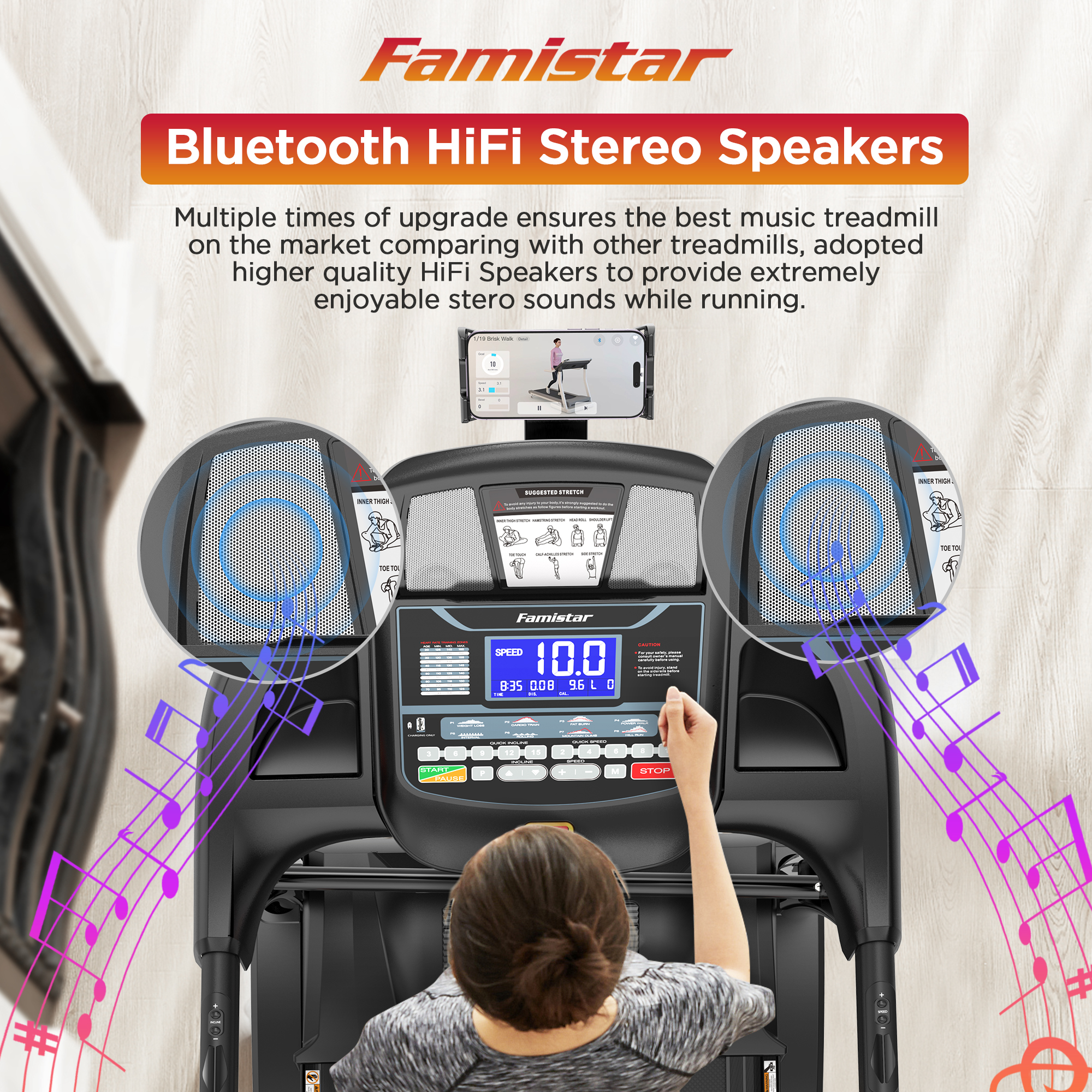 Famistar 4.5HP Folding Treadmill for Home with 15 Auto Incline, Smart APP, 300lbs, HiFi Bluetooth Speakers, 64 Programs, 10MPH Speed, Foldable EleTreadmill Running Machine, Knee Strap Gift - image 5 of 7