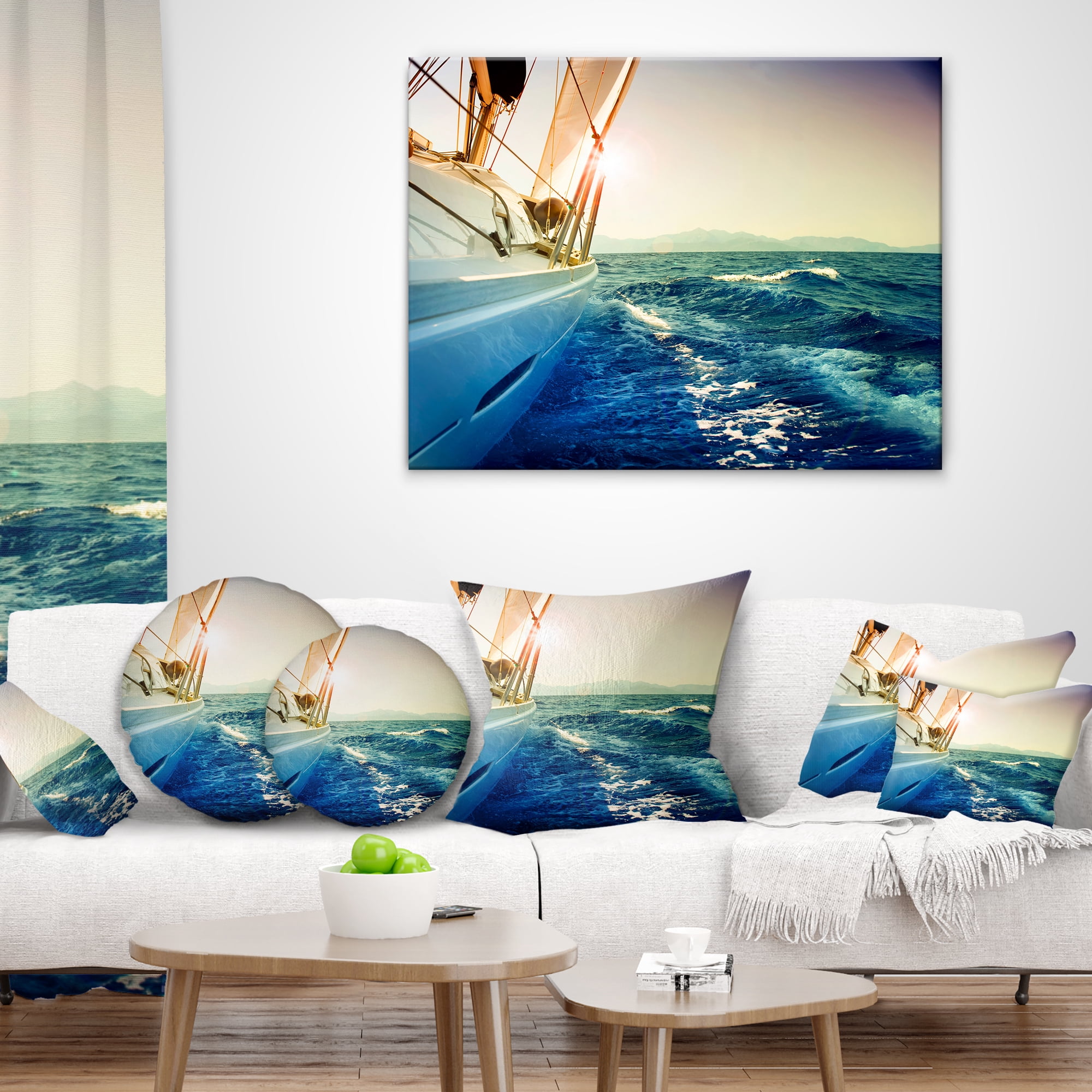 Designart Yacht Sailing in Wavy Waters - Seashore Throw Pillow - 12x20