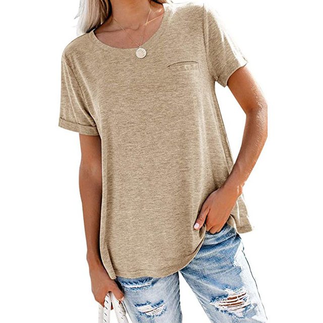 Pntutb Moda Mujer Camiseta de manga corta suelta Cuello redondo Color sólido tops Pntutb Pntutb-3996