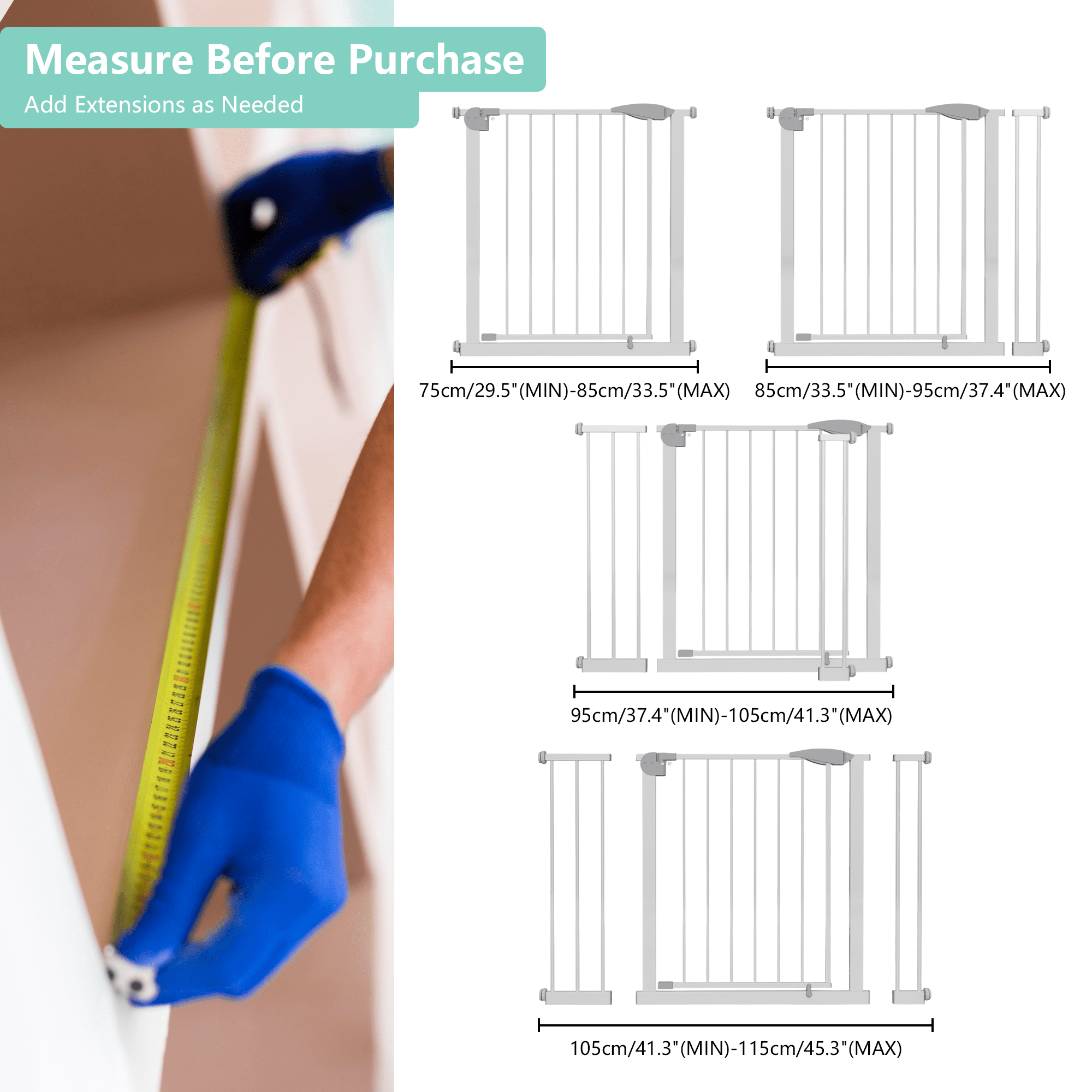 Homy Casa 29.5–45.3 in Wide Baby Gate for Stairs, Walk Thru Pet Gate with Auto Close, White