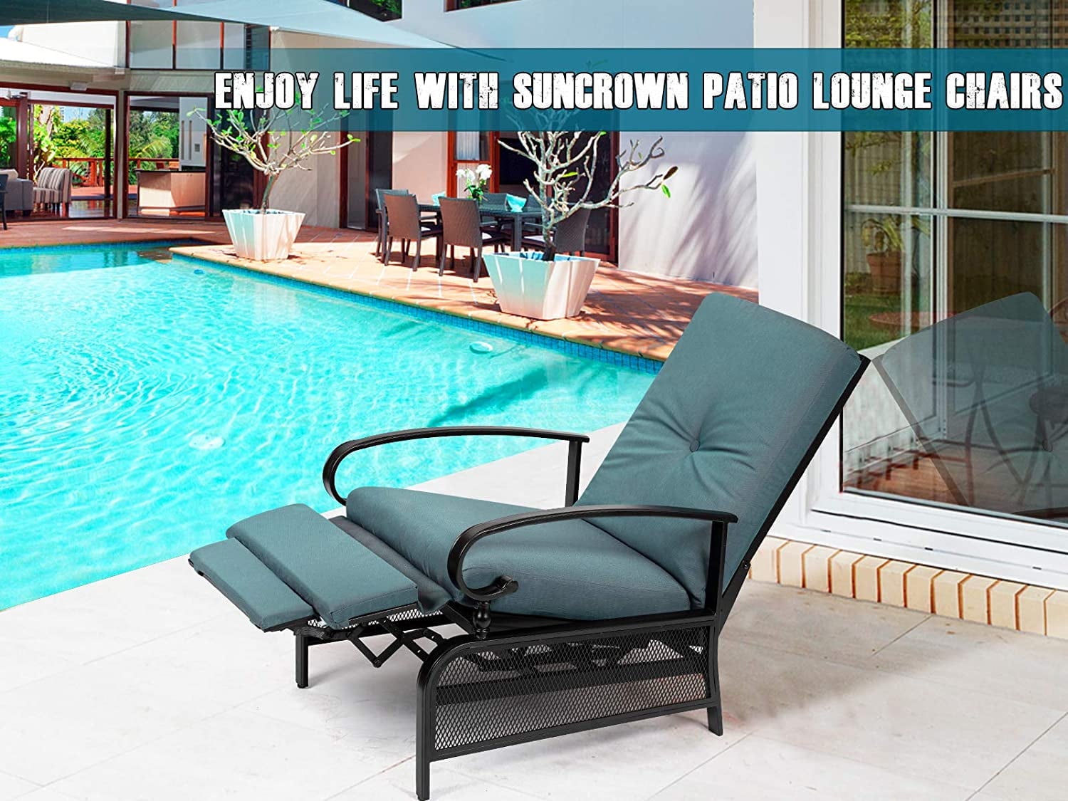 Suncrown Adjustable Black Metal Outdoor Recliner with Red Cushions