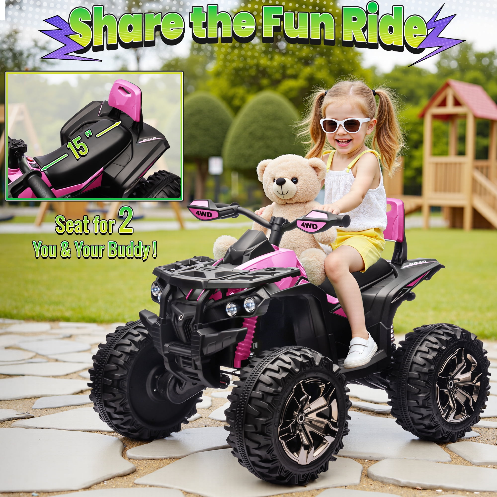4WD 24V Ride ons ATV, Joyracer 4 Wheeler for Kids, Power Car Wheels with 4x200W Motor, Bluetooth/MP3, Horn, Music, LED for Big Kids Gift, Pink