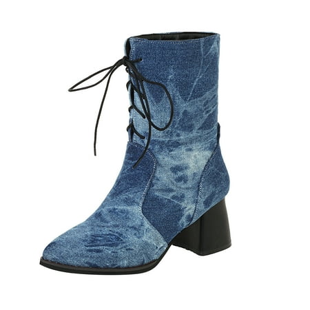 

Valentine s Day Deals!2022 Hvyes Women s Winter Plain Short Mid Tube Cross Lacing Chunky High Heel Round Toe Boots