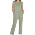 thumbnail image 1 of Traje Informal de Dos Piezas para Mujer, Cuello Alto, Pantalones Anchos, Ideal para Vacaciones y Viajes Verde L, 1 of 10