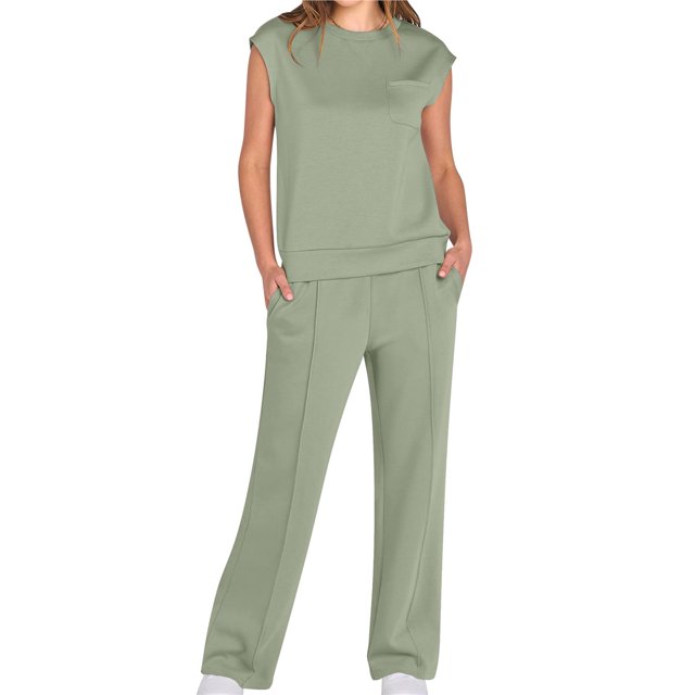 Traje Informal de Dos Piezas para Mujer, Cuello Alto, Pantalones Anchos, Ideal para Vacaciones y Viajes Verde L